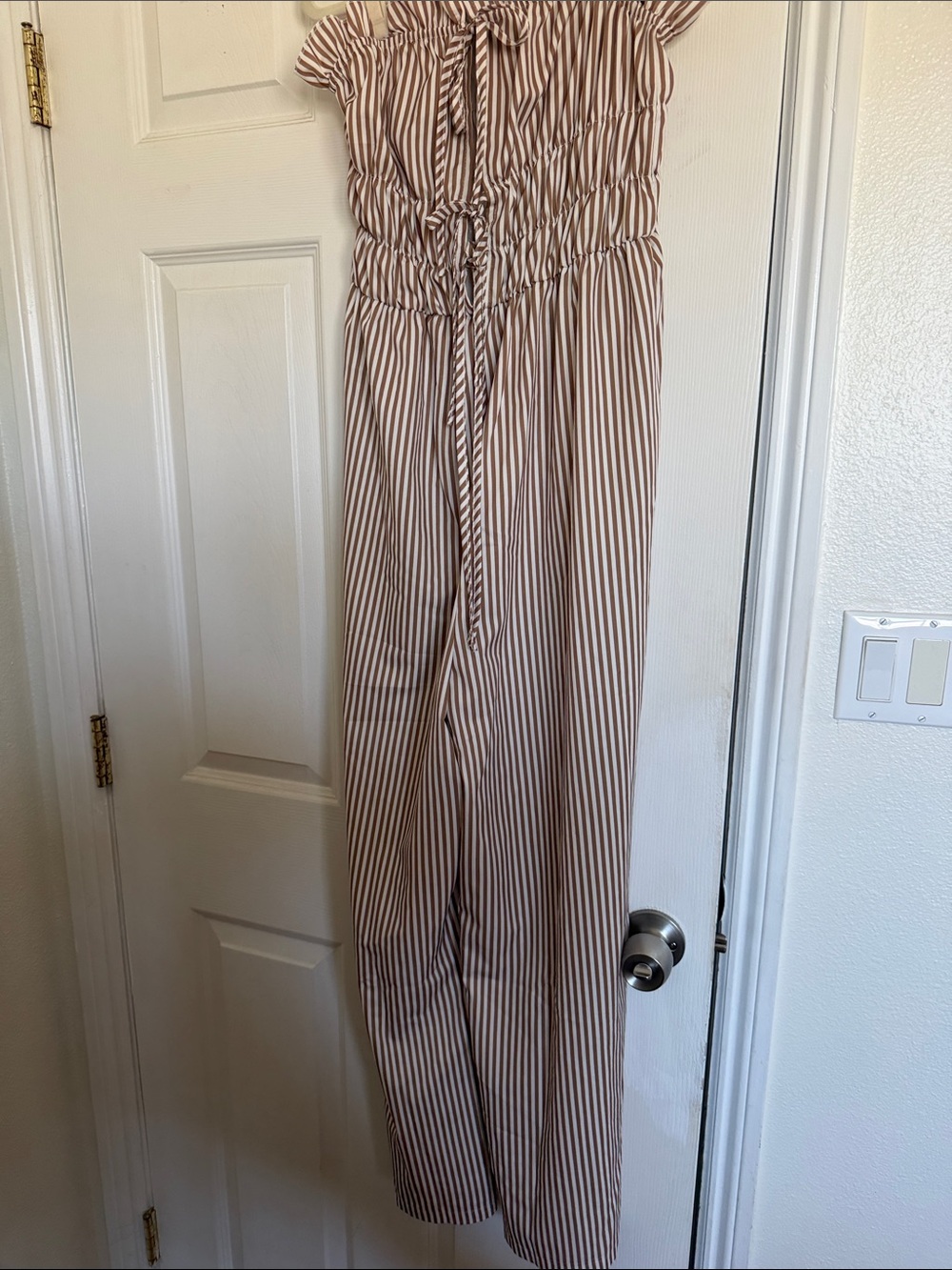 Striped Beige Wide-Leg Jumpsuit with Smocked Waist